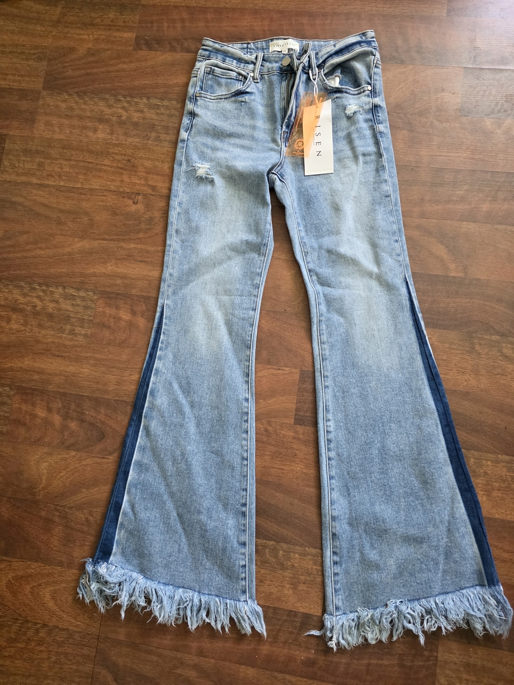 Washed Light Blue Two-Tone Flare Jeans with Frayed Hem